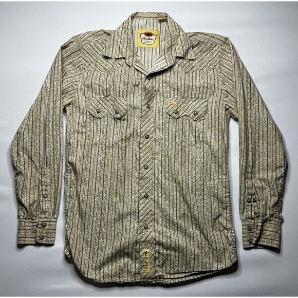 Larry Mahan Men's Long Sleeve Tan Floral Striped Pearl Snap Shirt - Size S - Picture 1 of 5